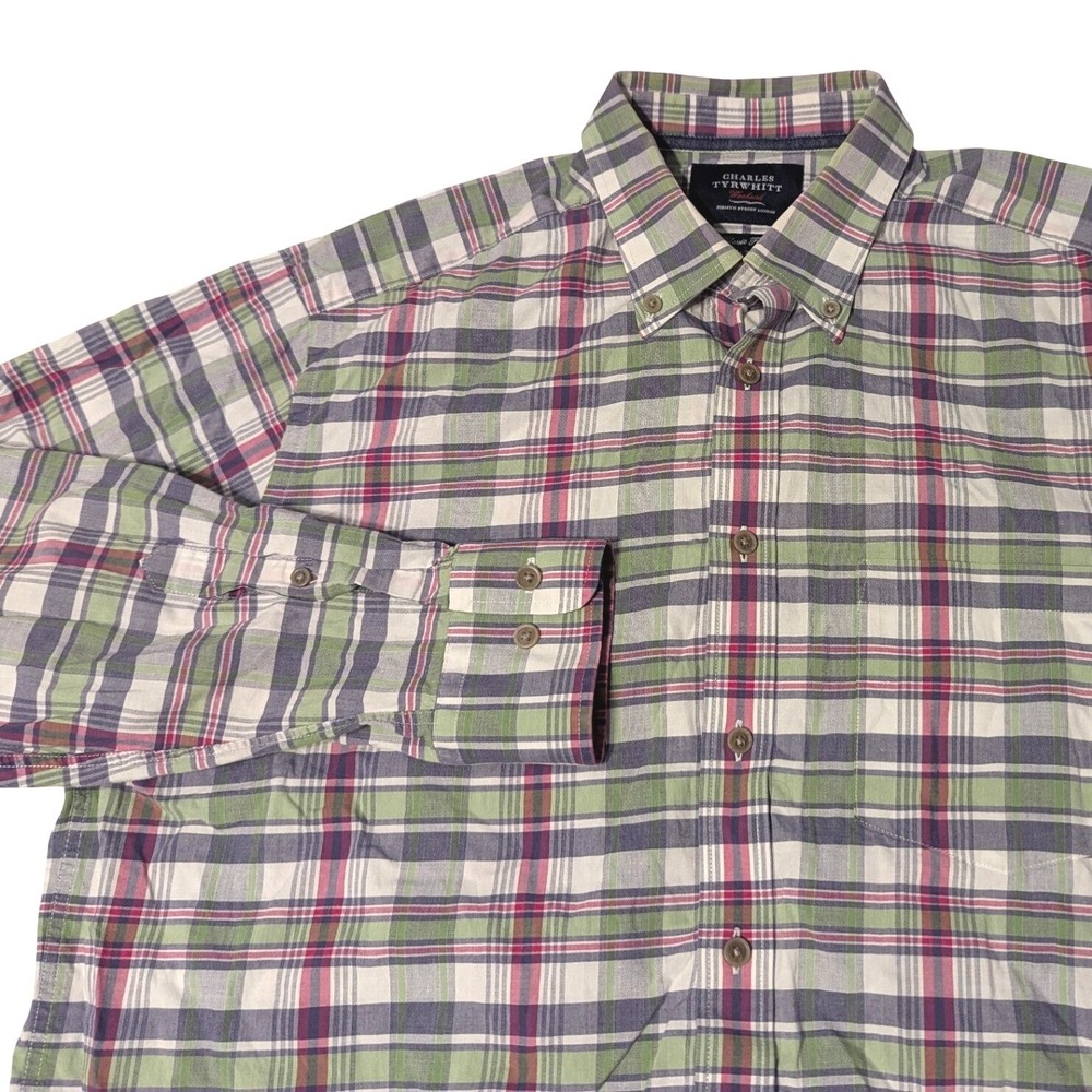Charles Tyrwhitt Weekend Men Large Classic Fit Cotton Plaid Shirt Green Red Blue